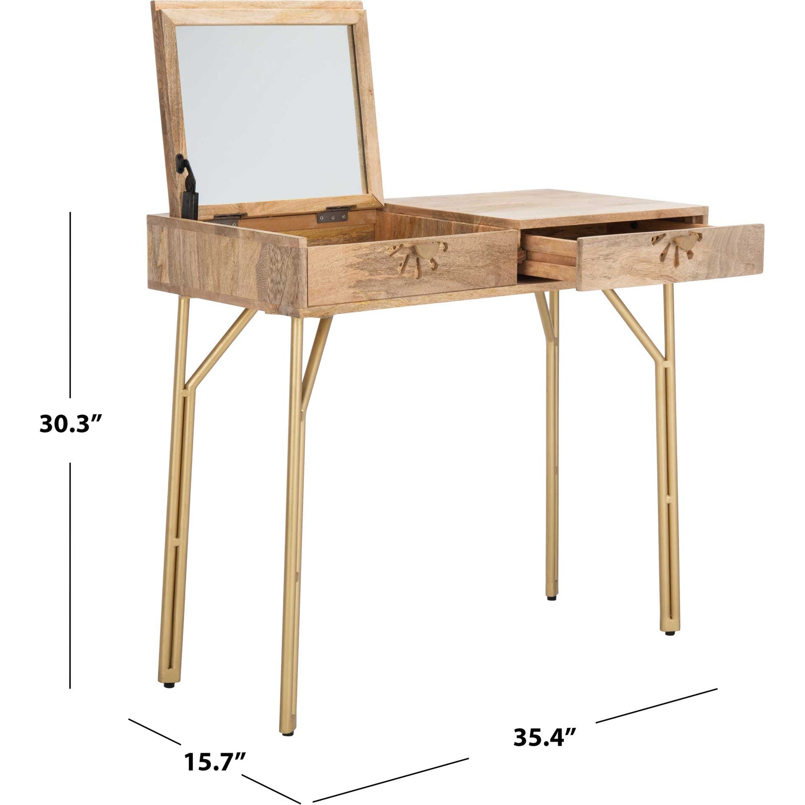 Lian 2 Drawer Vanity With Mirror Natural/Brass