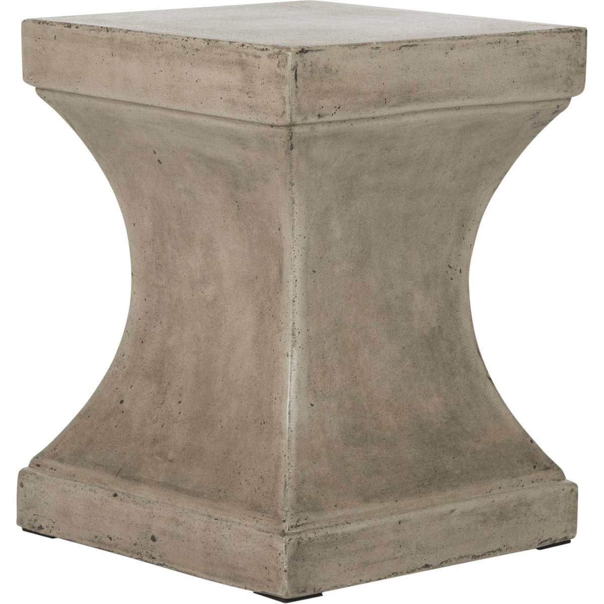 Subtle mottling lends texture to a dark gray concrete table with a square top and hourglass base. || VNN1002A || front_angle_studio