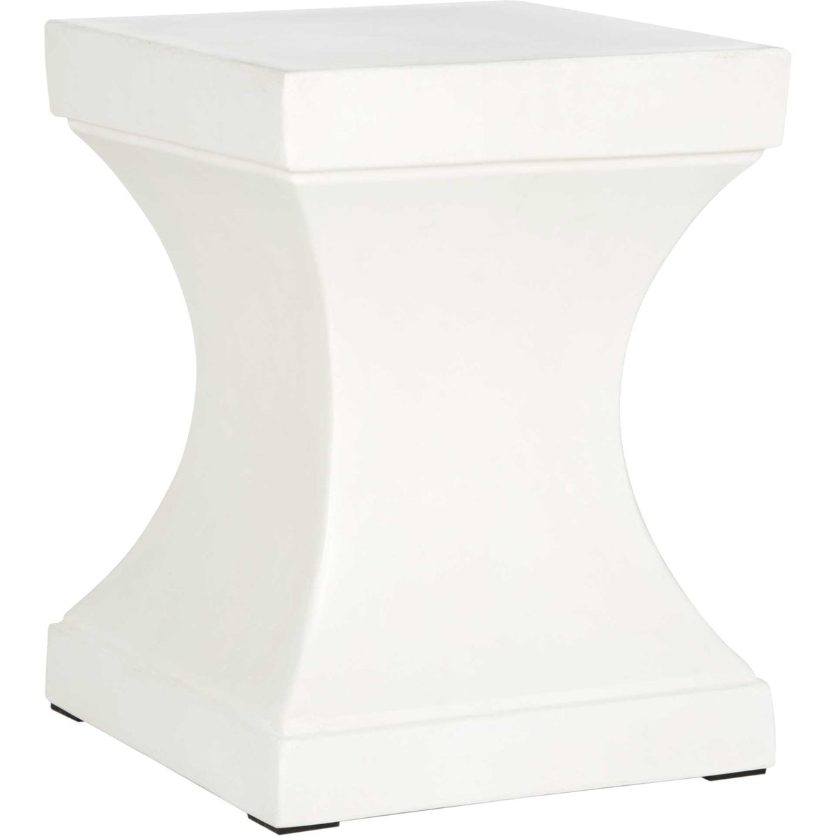 An ivory concrete accent table balances a square top on a sculptural hourglass base. || VNN1002B || front_angle_studio