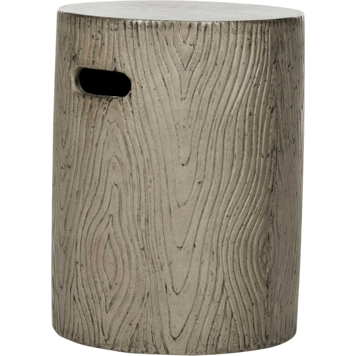 Dark gray concrete accent table combines tree-trunk texture with an integrated handhold || VNN1004A || side_studio