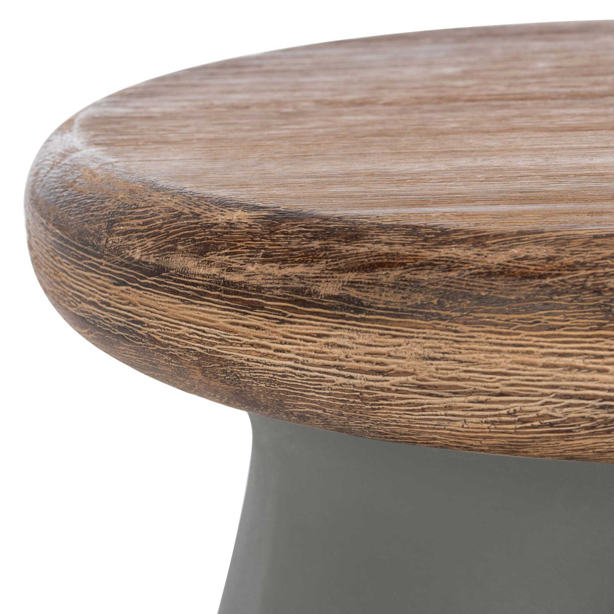 Warm acacia wood grain and a softly rounded edge add texture above the dark gray concrete base