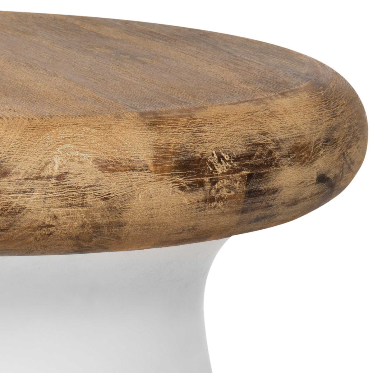 Weathered acacia wood grain defines the thick, rounded tabletop above an ivory concrete base
