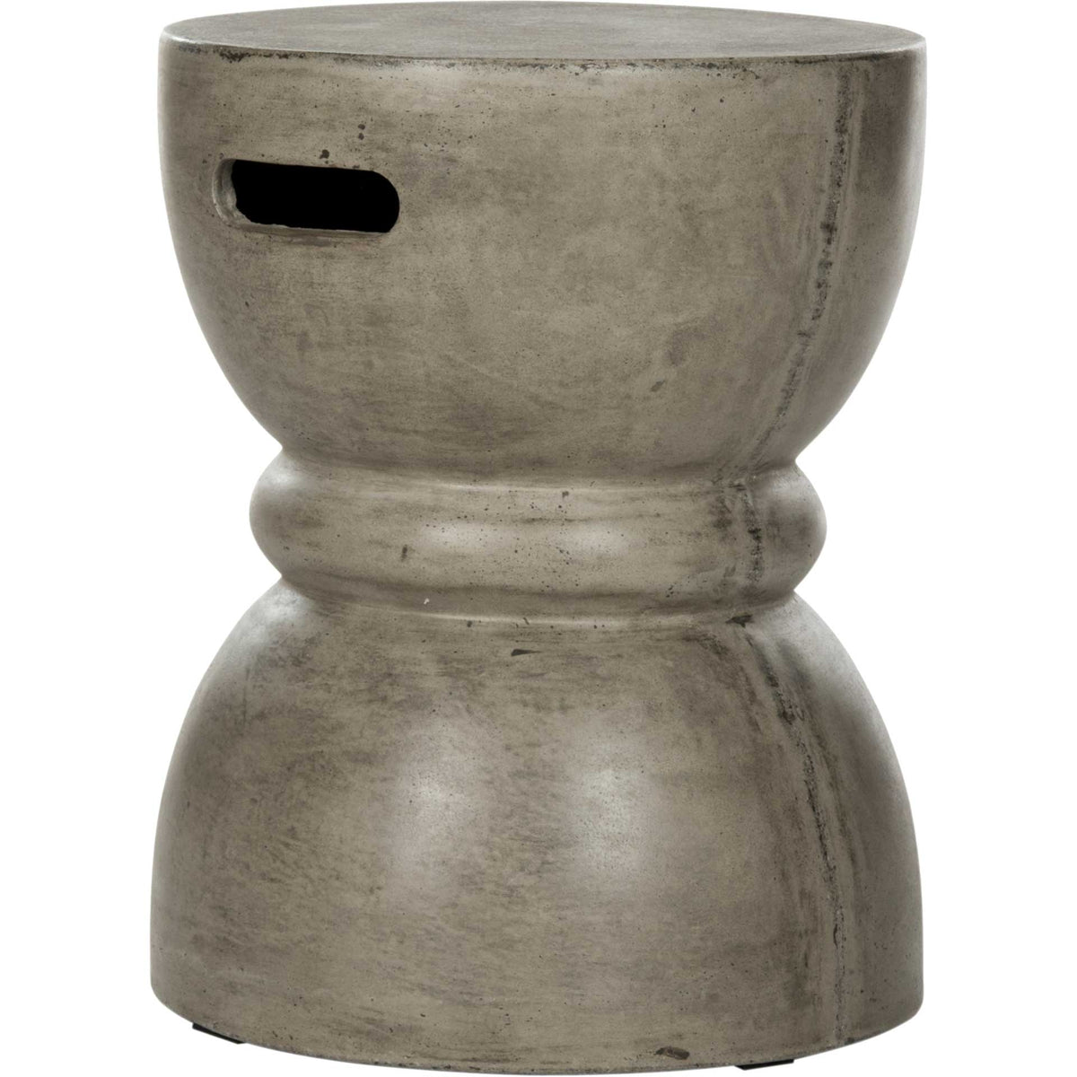 Dark gray concrete accent table with a curved drum profile, cinched waist and integrated handhold || VNN1006A || side_studio