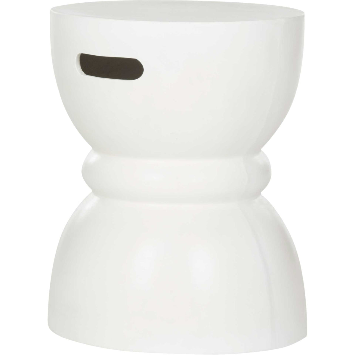Ivory concrete accent table features a built-in handhold and gently rounded drum silhouette || VNN1006B || side_studio