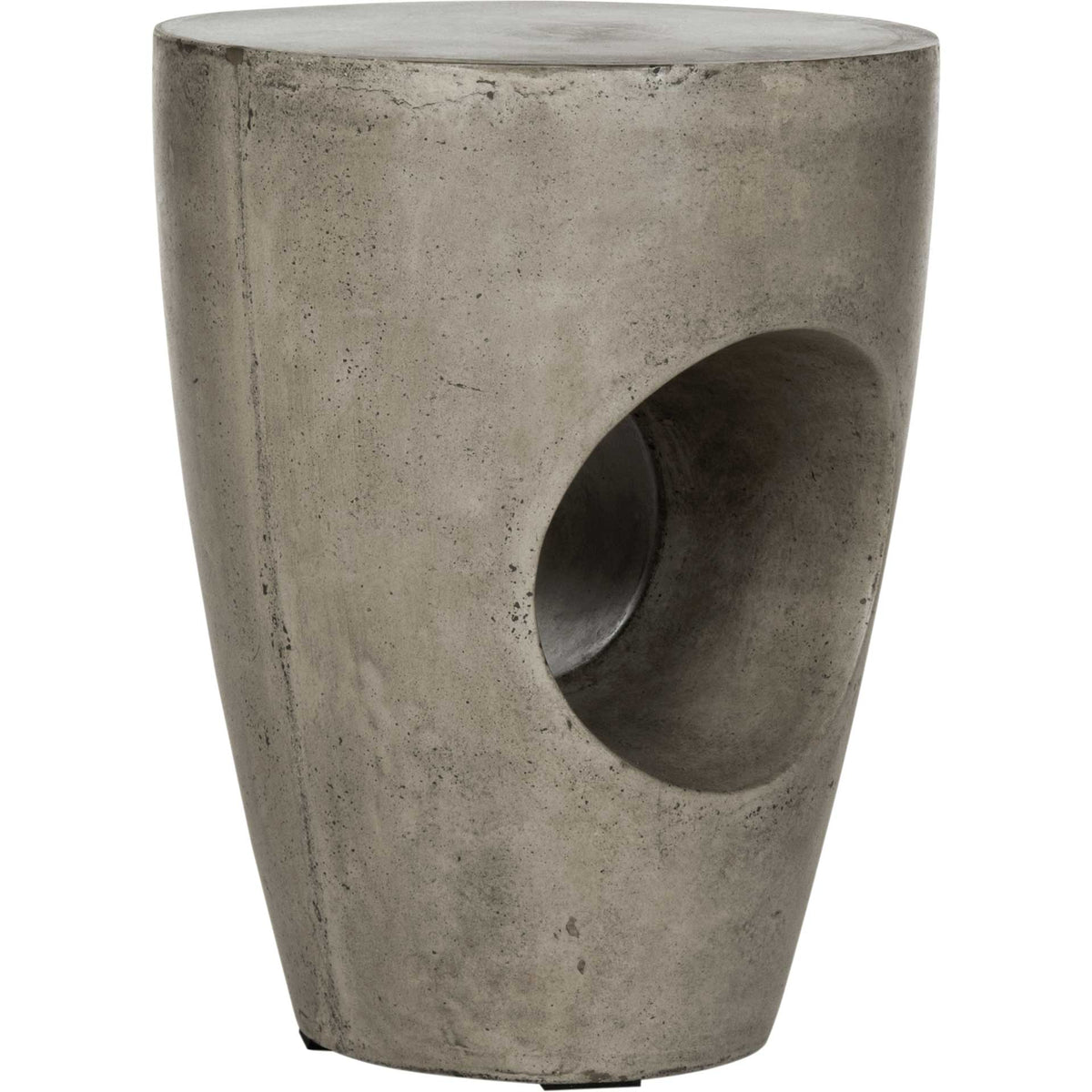 Dark gray concrete accent table with a tapered silhouette and sculptural circular opening || VNN1007A || side_studio