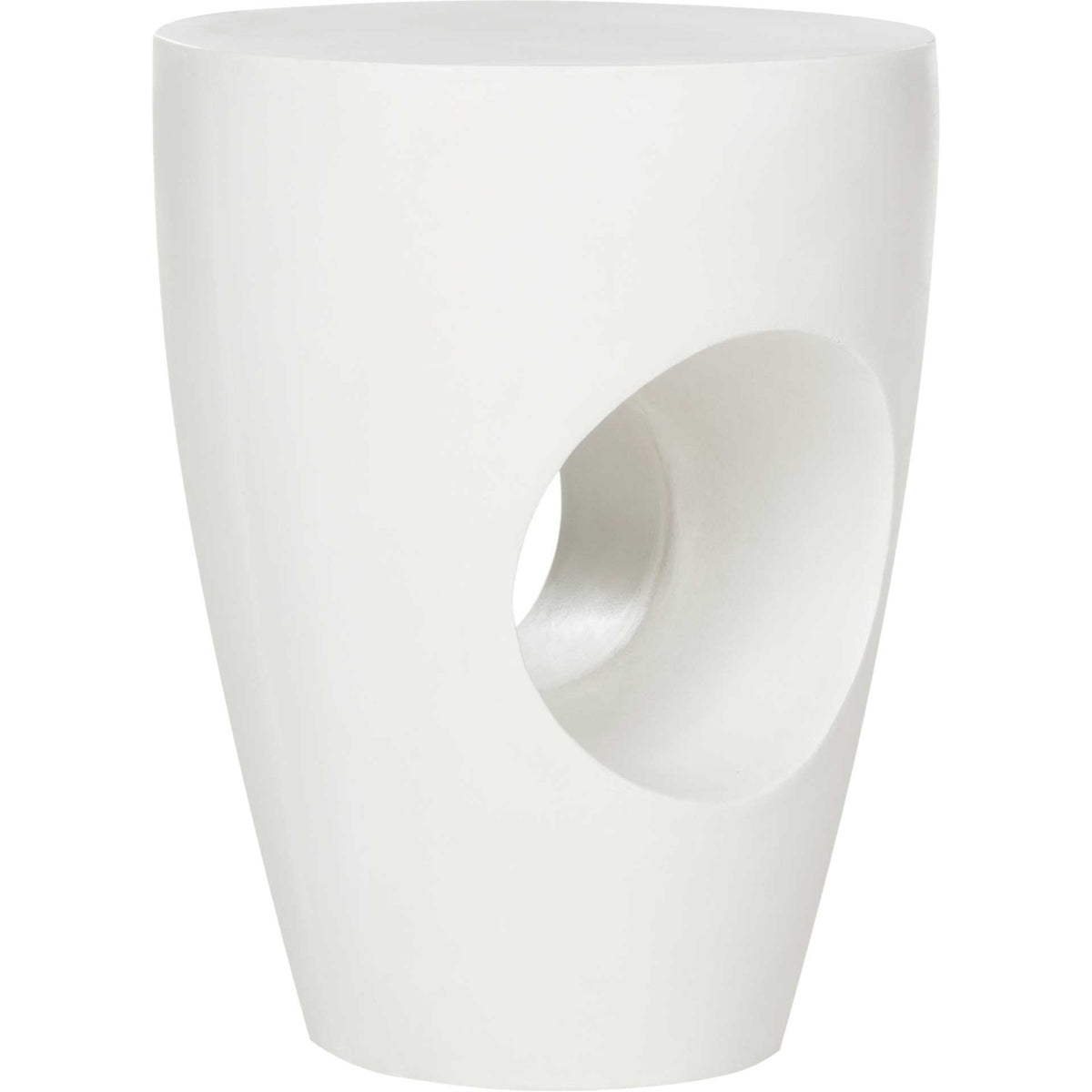 Ivory concrete accent table with a gently tapered base and rounded cutout || VNN1007B || side_studio