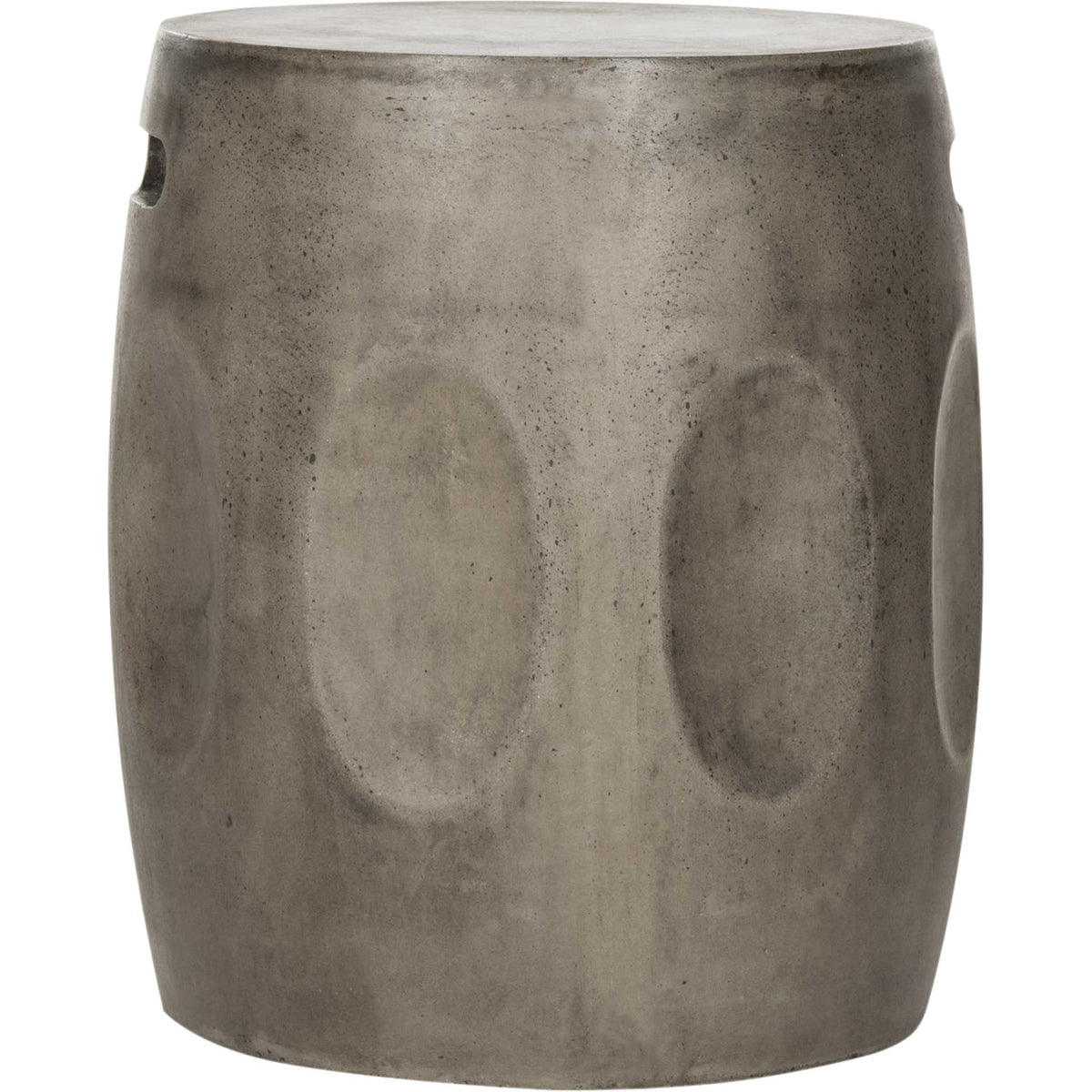 Dark gray concrete accent table features a barrel silhouette and sculpted oval motifs || VNN1008A || front_studio