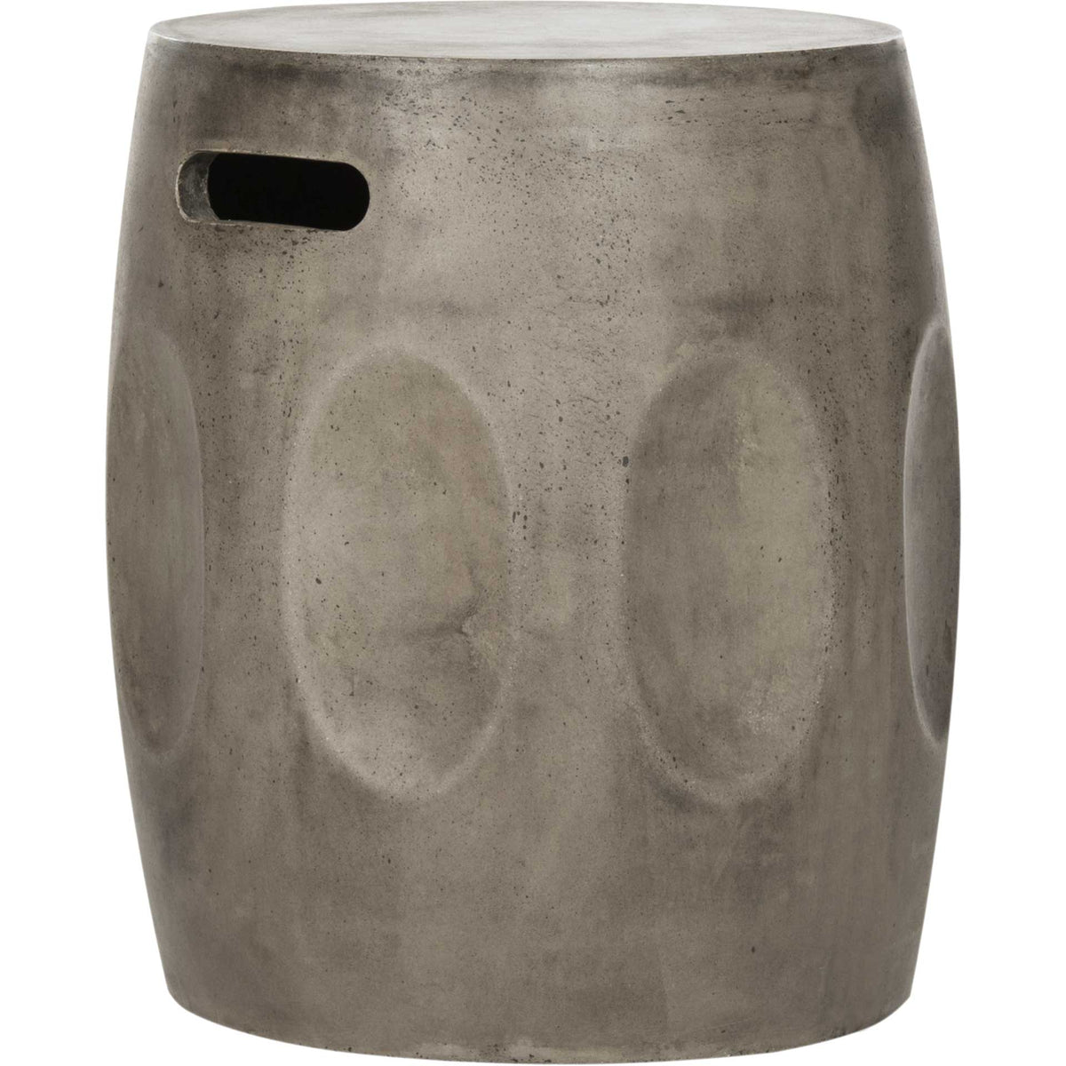 Dark gray barrel table has a smooth round top, sculpted oval details, and a recessed handhold || VNN1008A || side_studio