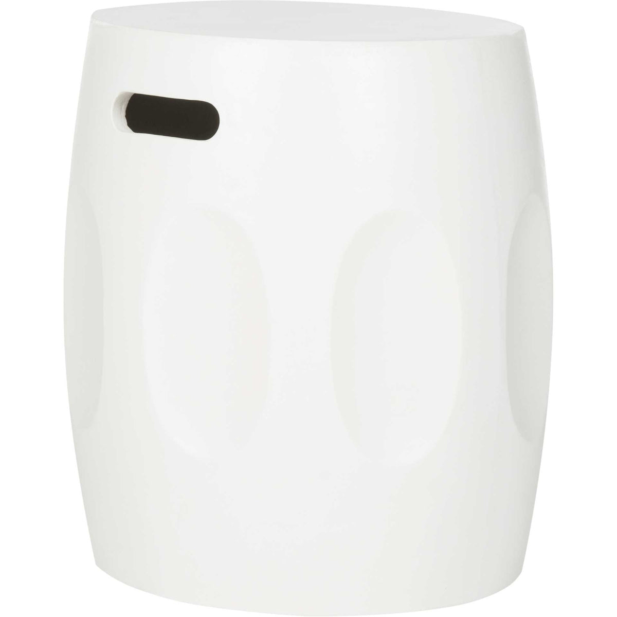Ivory barrel table combines a round top, recessed handhold, and softly sculpted oval details || VNN1008B || side_studio