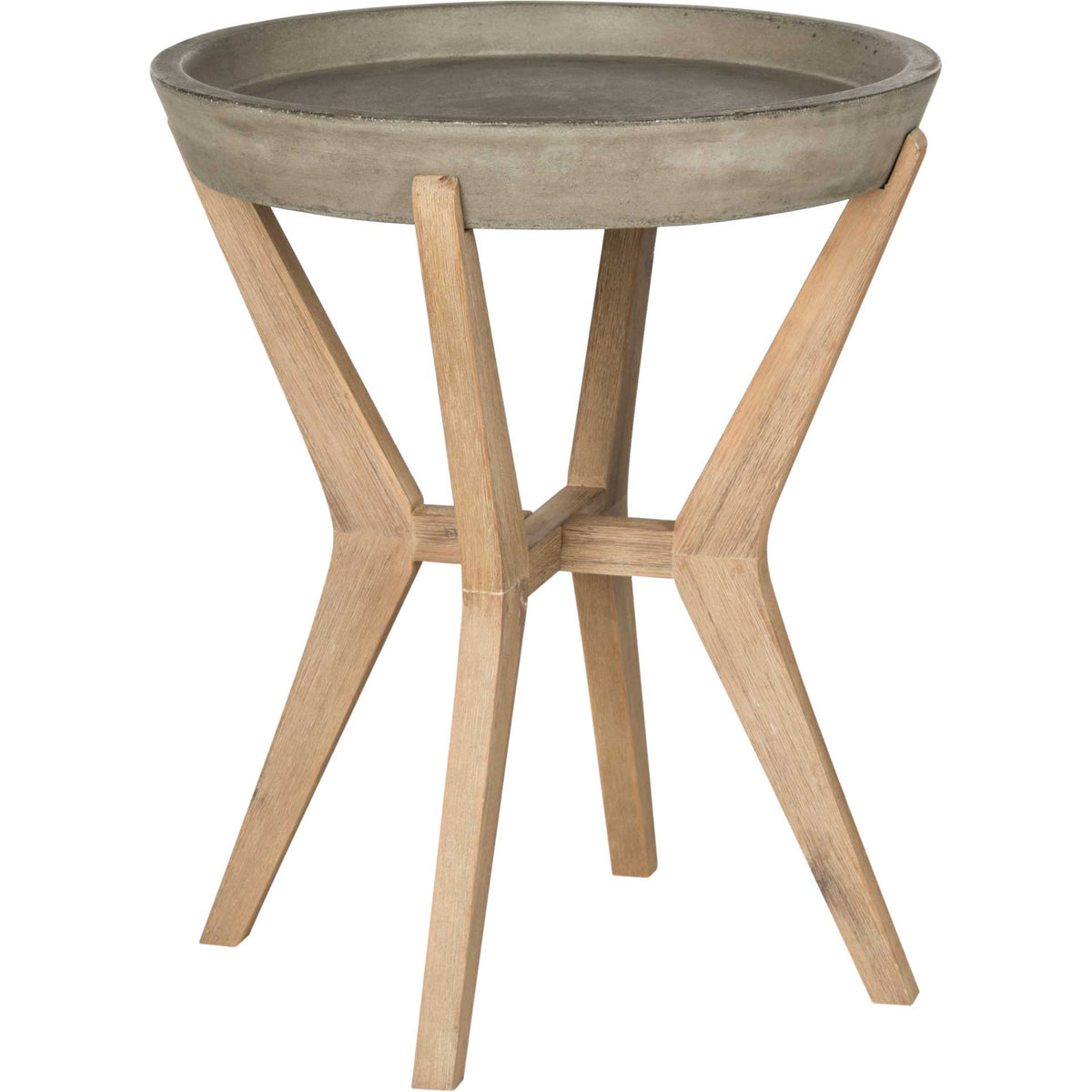 Splayed acacia wood legs and an open cross-braced frame support a round concrete tray top. || VNN1012A || side_studio