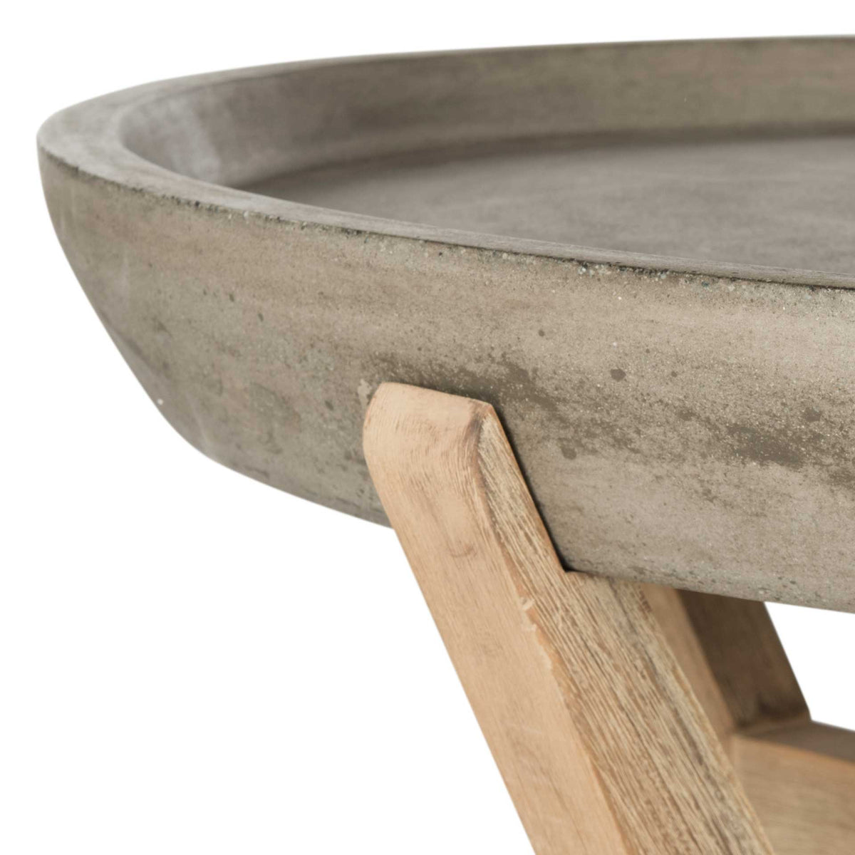 A raised concrete rim meets an angled wood leg, creating a warm, textural contrast