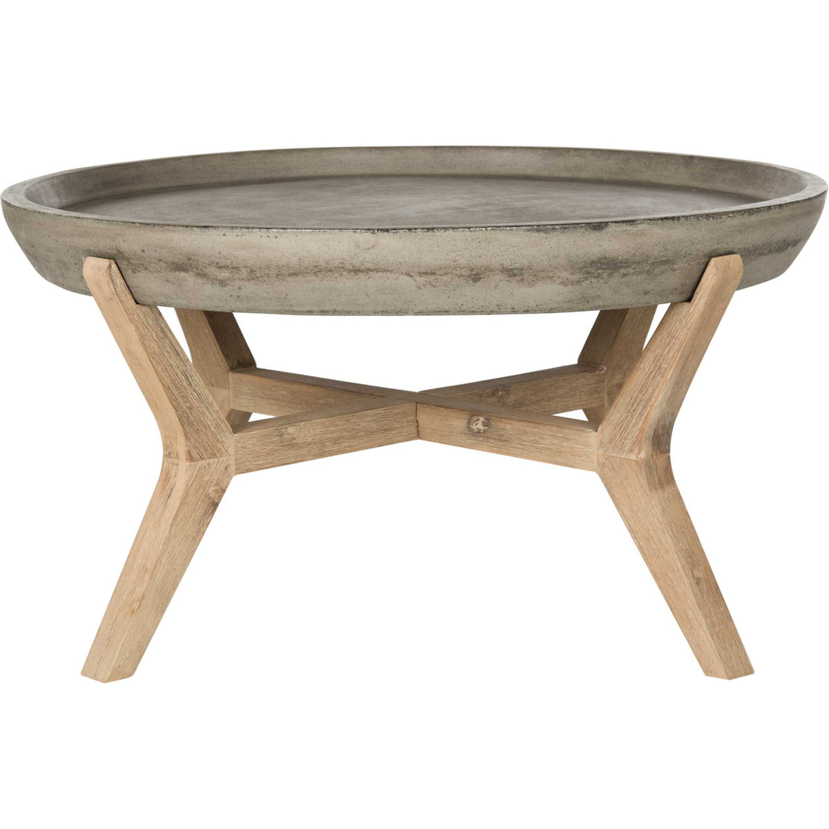 A round gray concrete top with a raised rim rests on a sculptural acacia wood base || VNN1013A || front_studio