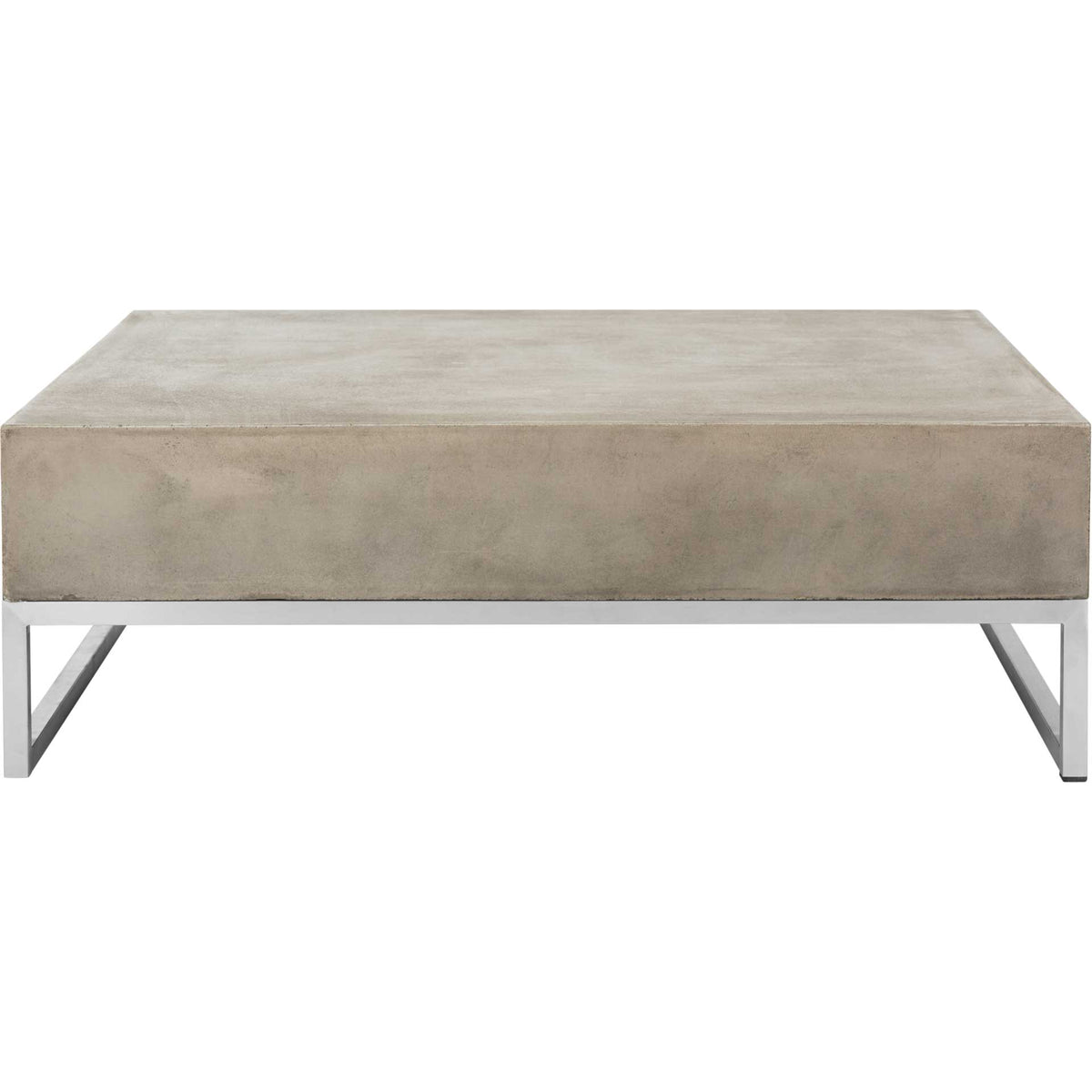 The low square coffee table pairs a substantial concrete slab with minimalist metal supports. || VNN1017A || front_studio