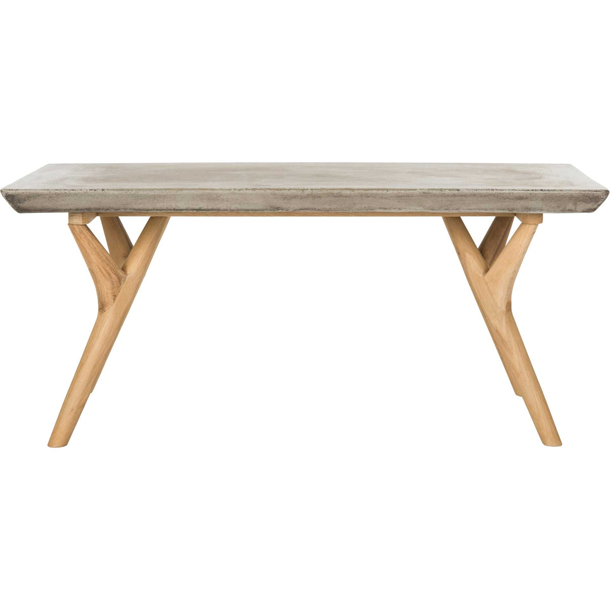 Splayed oak legs support a slim concrete tabletop with clean lines and a natural finish. || VNN1018A || front_studio