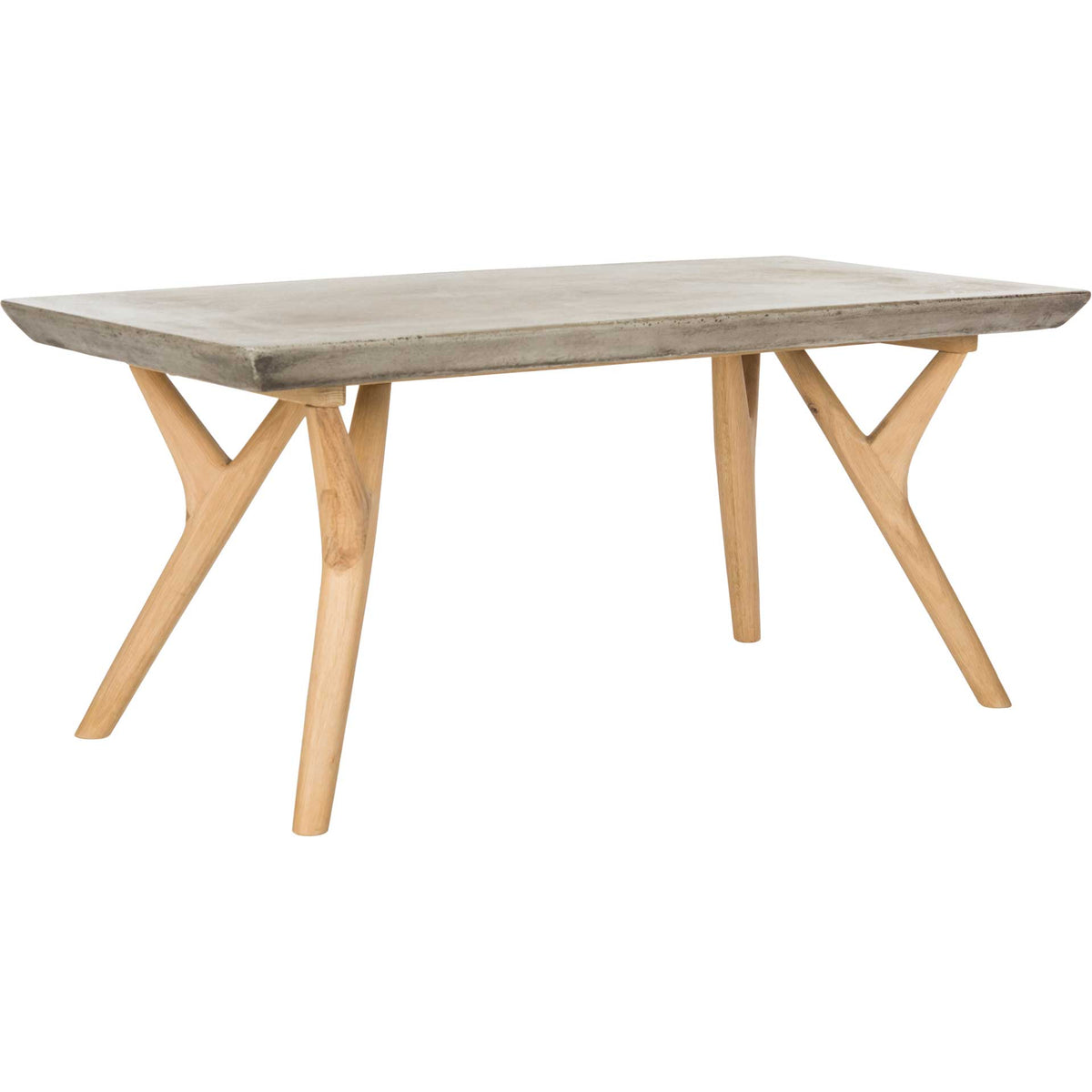 A wide gray concrete top pairs with sculptural natural oak legs for airy, modern style. || VNN1018A || front_angle_studio