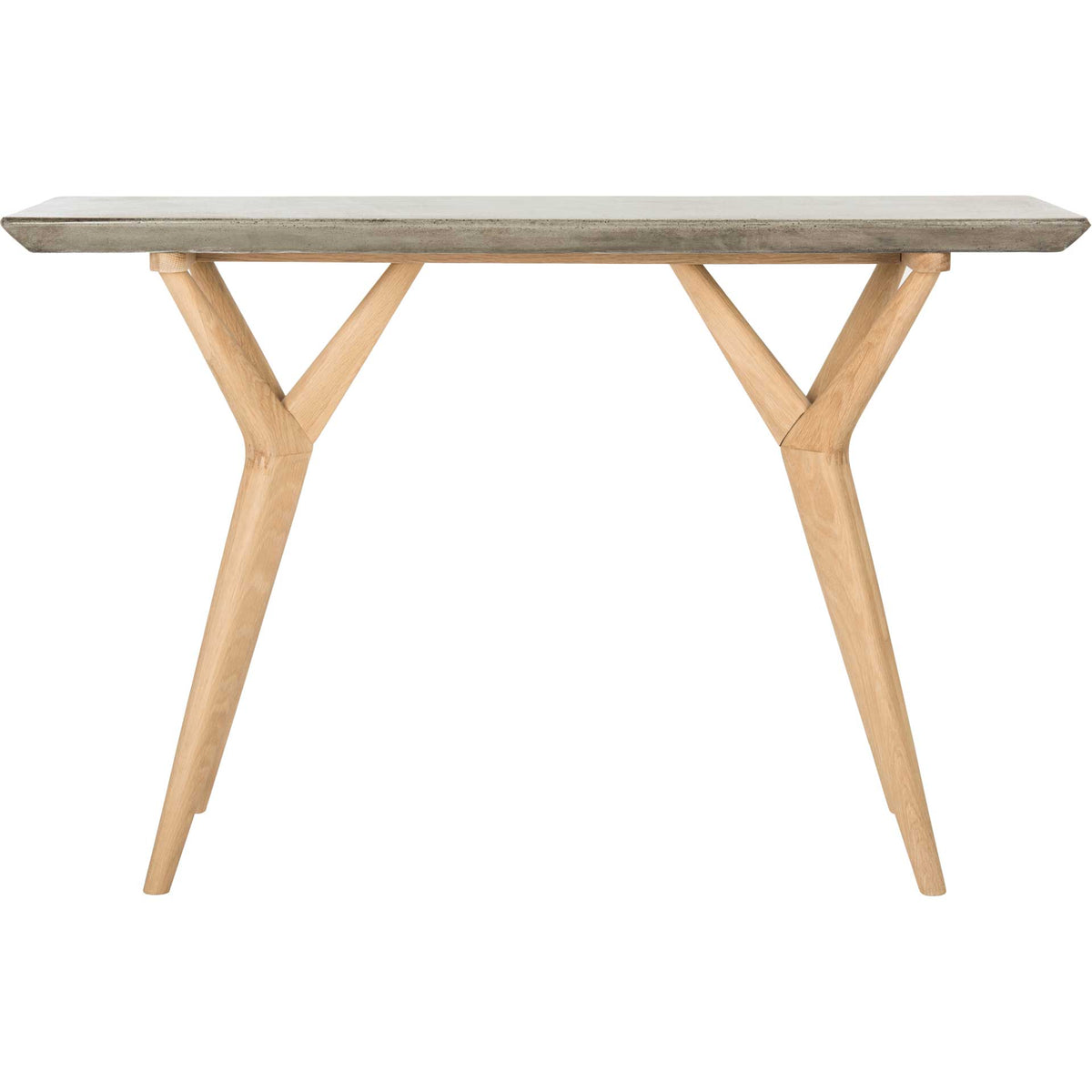 A gray concrete console pairs a slender top with branching oak supports || VNN1019A || front_studio