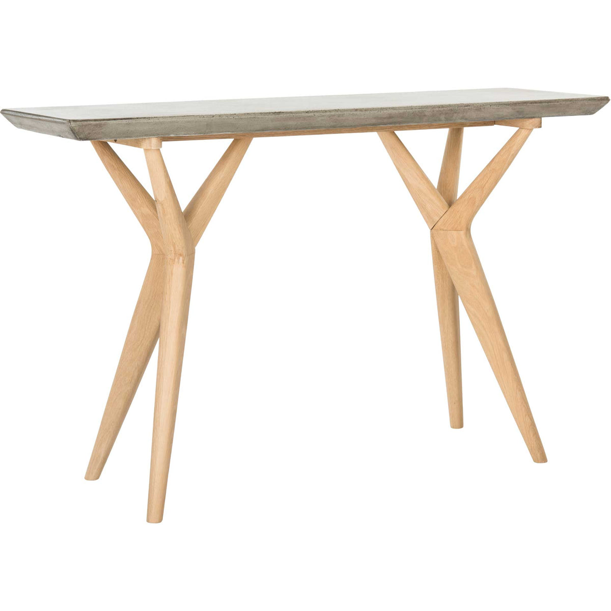 A slim gray concrete top rests on sculptural natural oak legs || VNN1019A || front_angle_studio