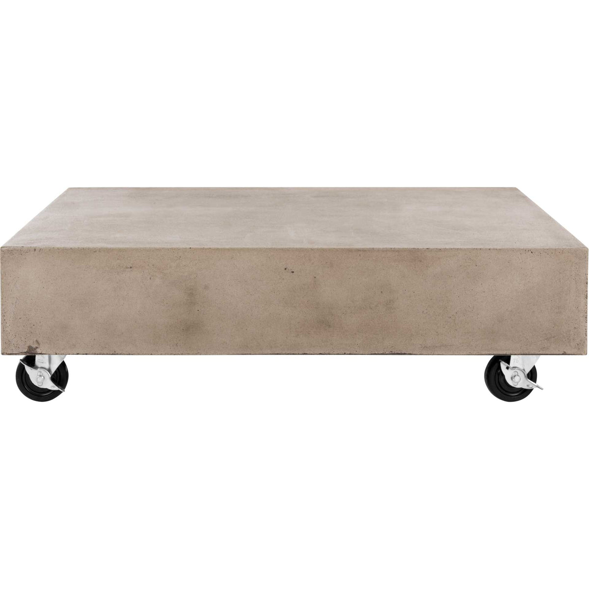 A clean-lined concrete coffee table has a thick square top and discreet caster wheels. || VNN1023A || front_studio