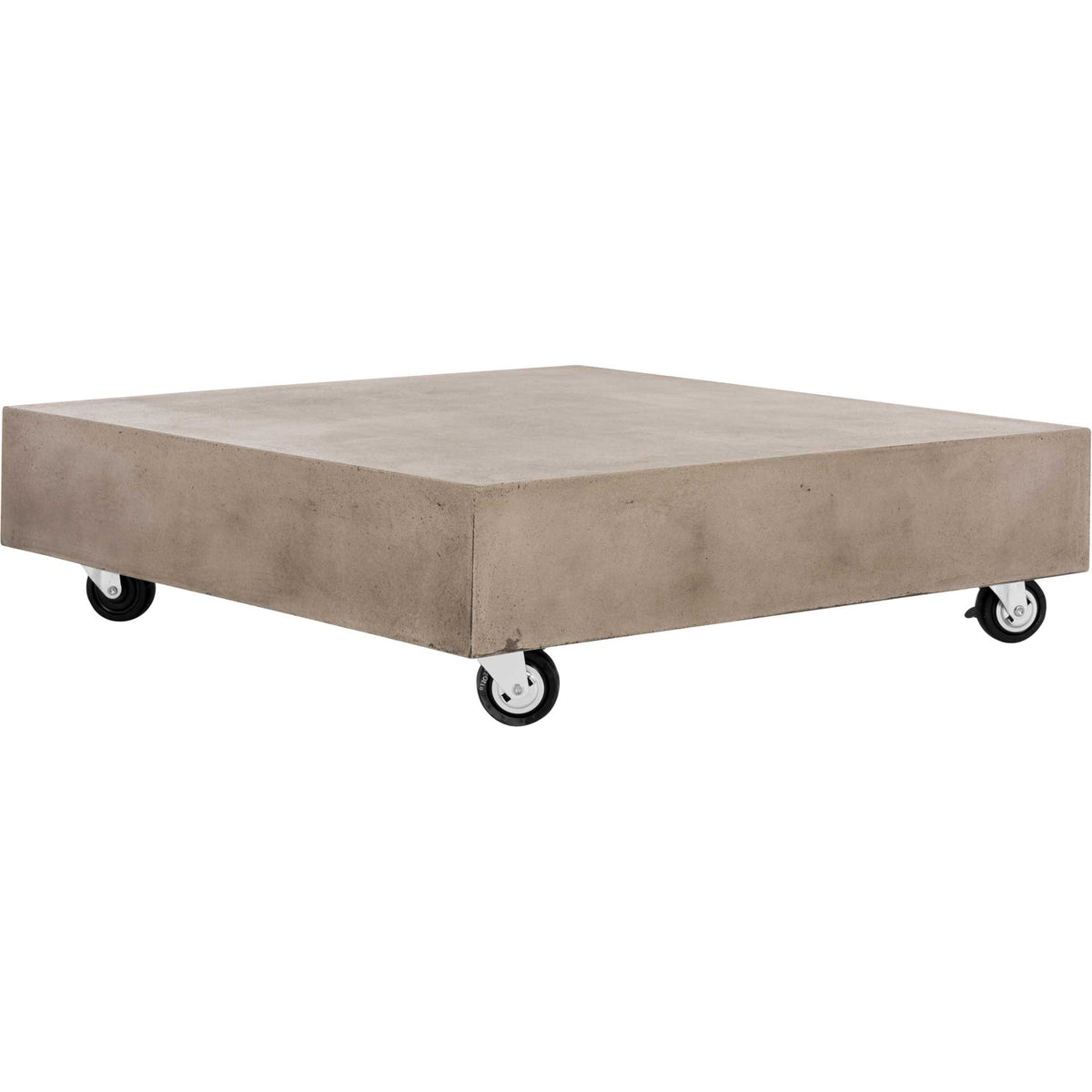 A low, square concrete coffee table combines a substantial gray top with rolling casters. || VNN1023A || front_angle_studio