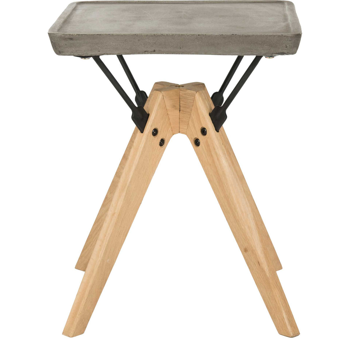 A square dark gray concrete top rests on a geometric base of natural oak and black steel || VNN1024A || front_studio