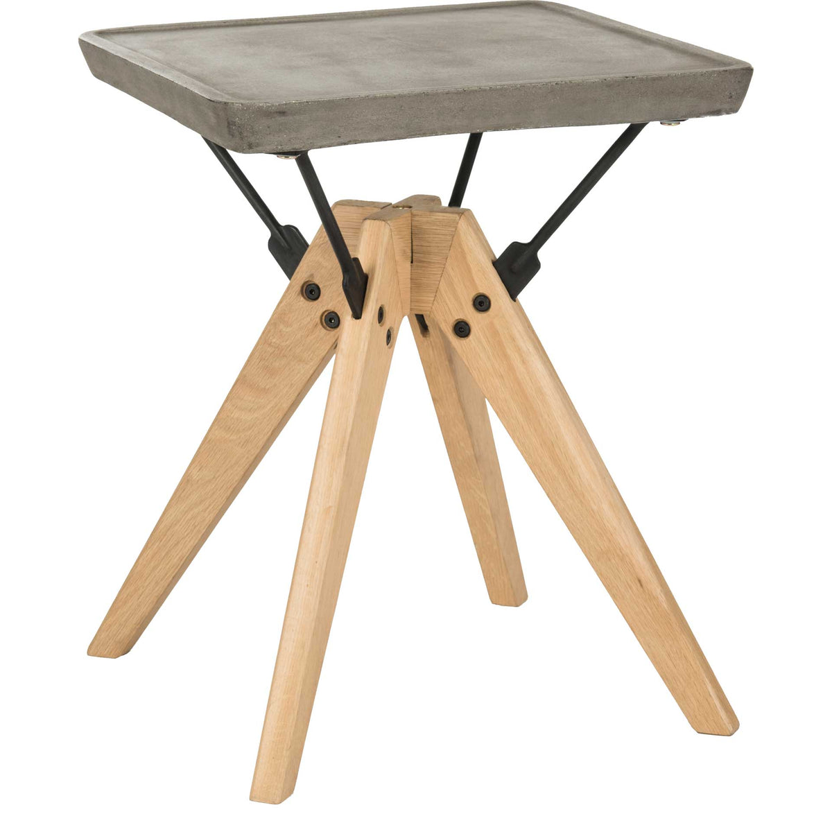 Splayed oak legs and black steel braces lend sculptural contrast to a dark gray concrete side table || VNN1024A || front_angle_studio