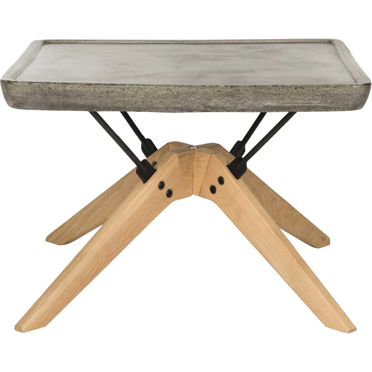 Square concrete tabletop rests on sculptural natural oak legs reinforced by slim black braces || VNN1025A || front_studio