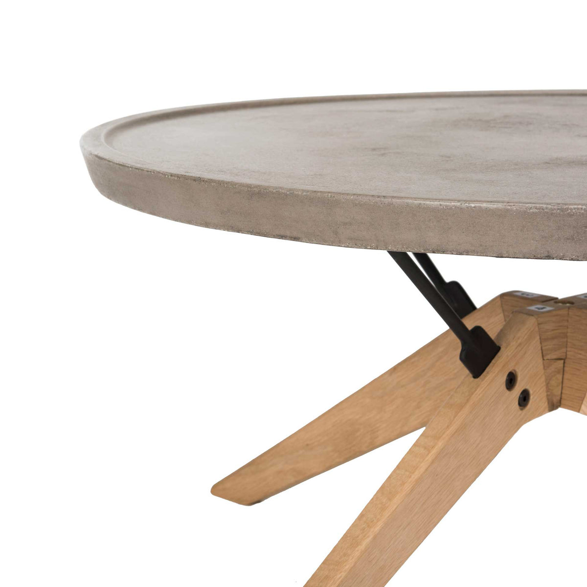 Oak leg joints and black steel braces support a thick concrete tabletop with a raised rim.
