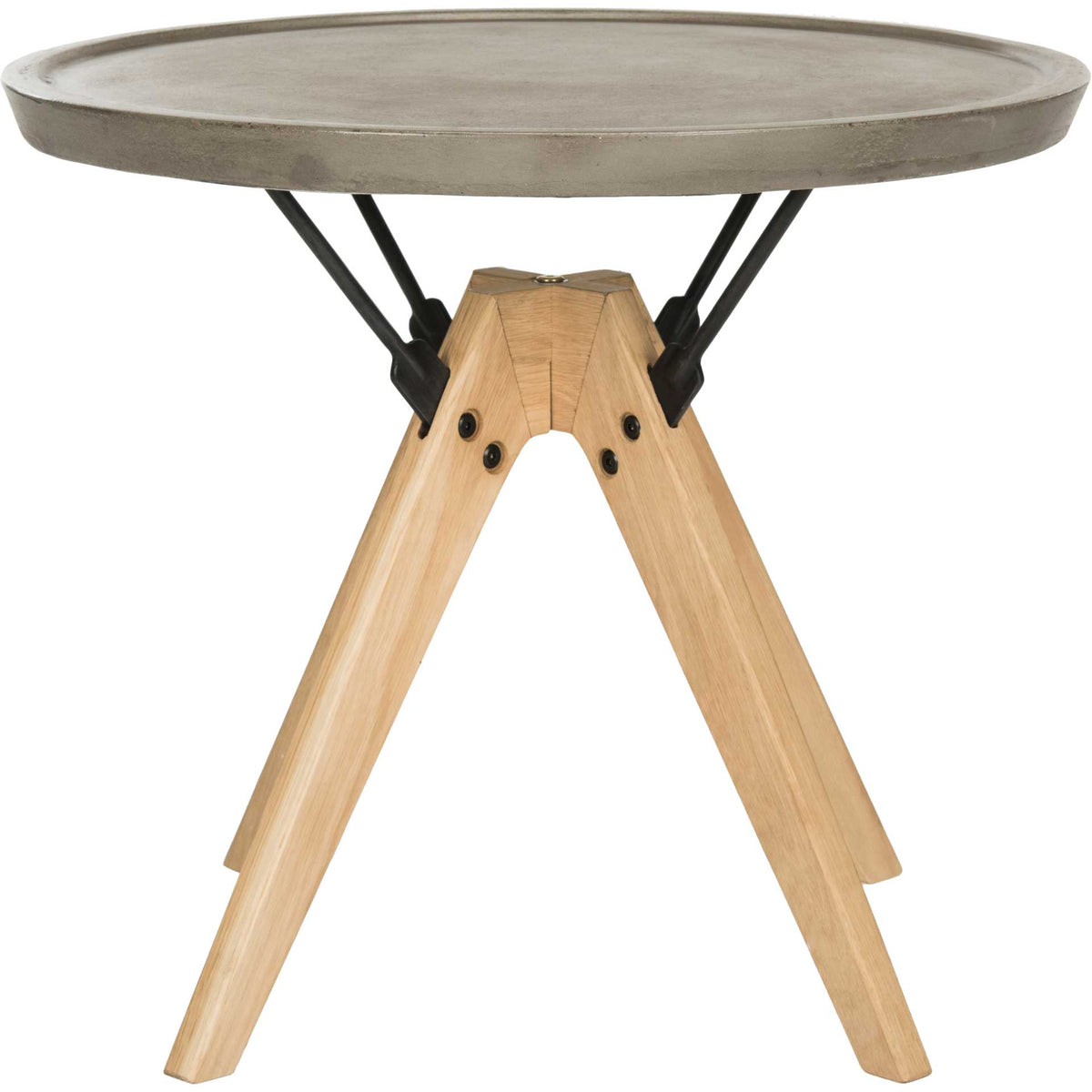 A round dark gray concrete top contrasts with light oak legs and slim black metal supports. || VNN1027A || front_studio