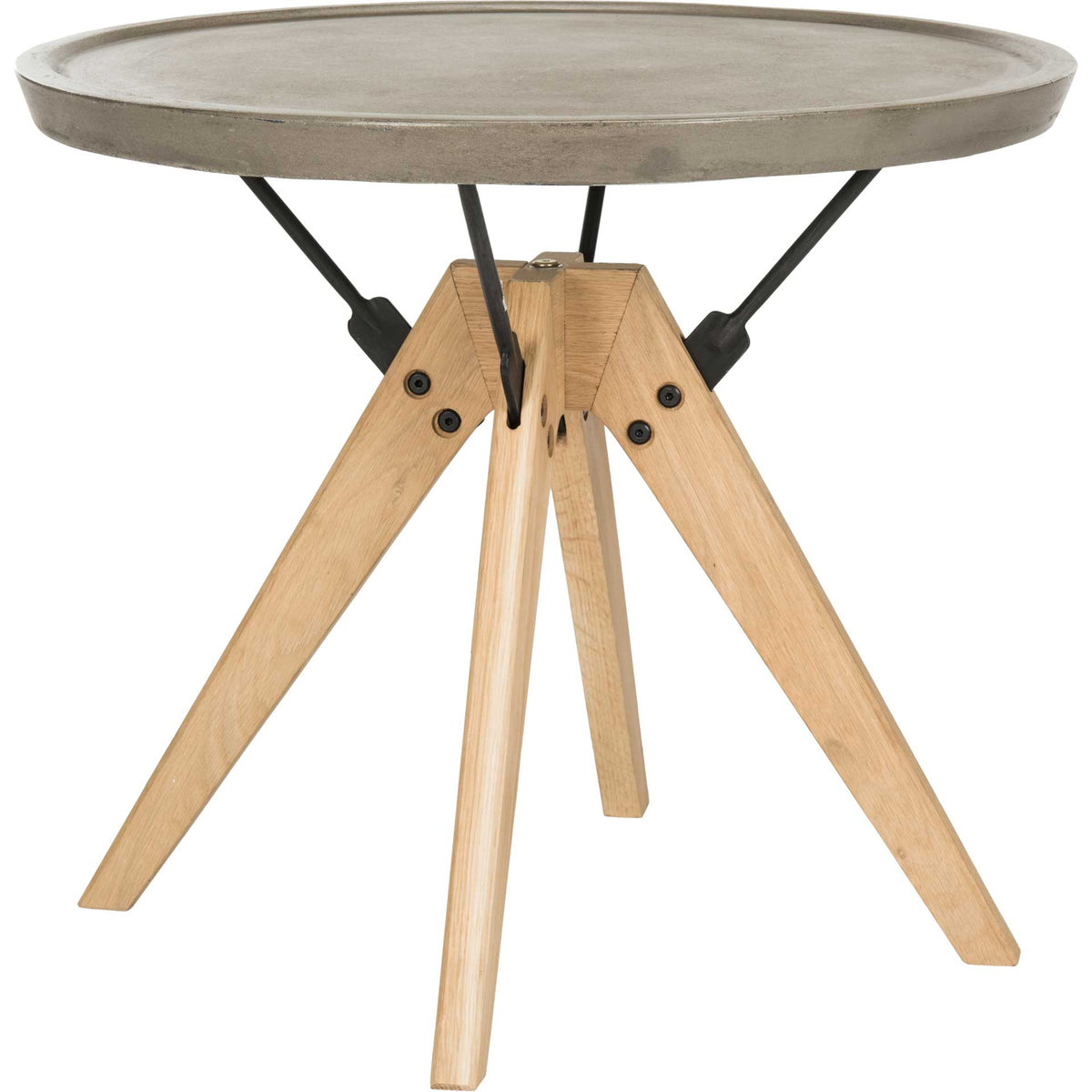Splayed natural oak legs and black steel braces support a round concrete top with a subtle raised rim. || VNN1027A || side_studio