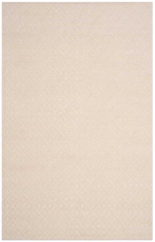 Soft ivory fibers and repeating geometric motifs give this handwoven rug a warm, tactile finish.
