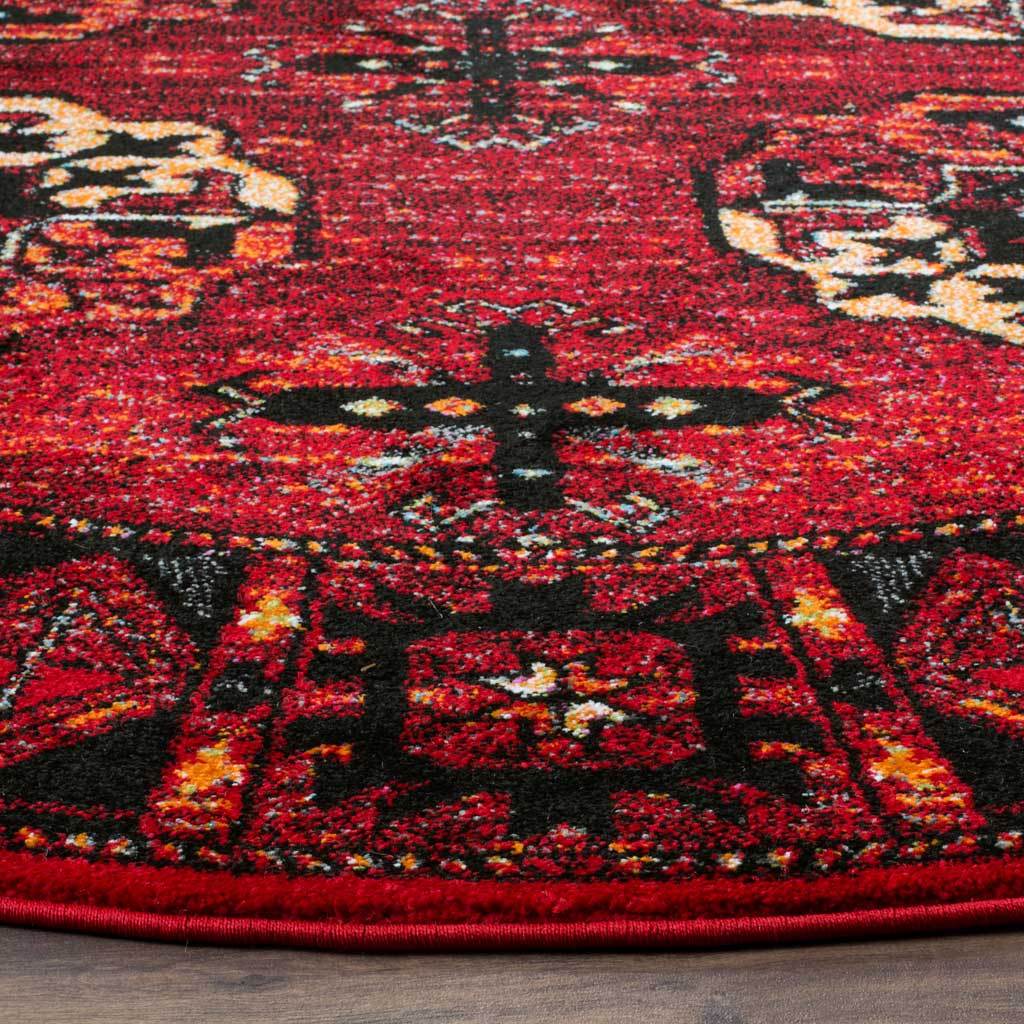 Crimson and black motifs frame cream accents above a neatly bound red edge.