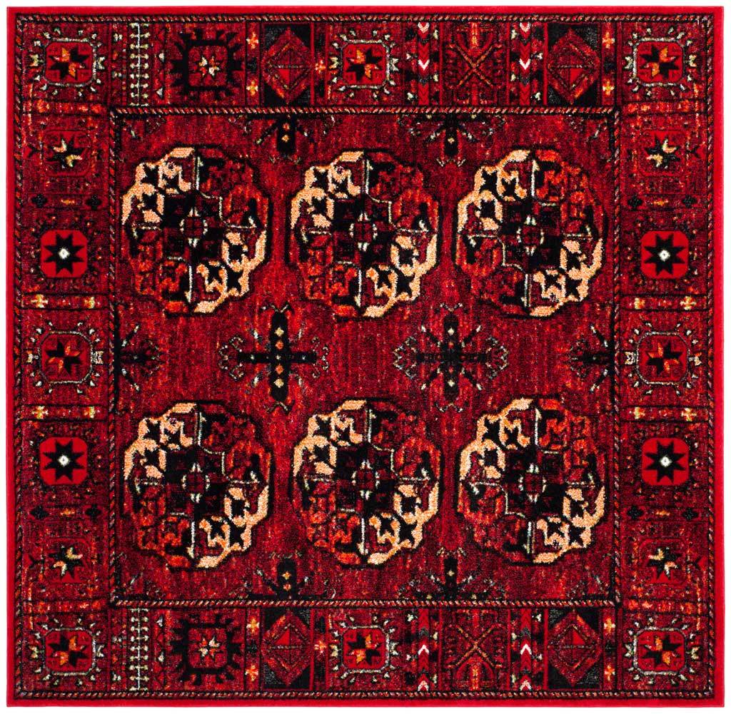 Square red rug displays six ivory medallions within a decorative frame