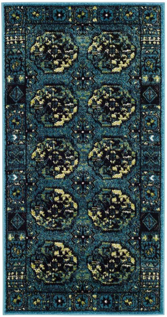 Narrow blue rug with ivory medallions and an intricate tiled frame