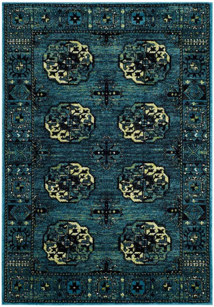 Blue rug with repeated ivory medallions and richly detailed geometric borders