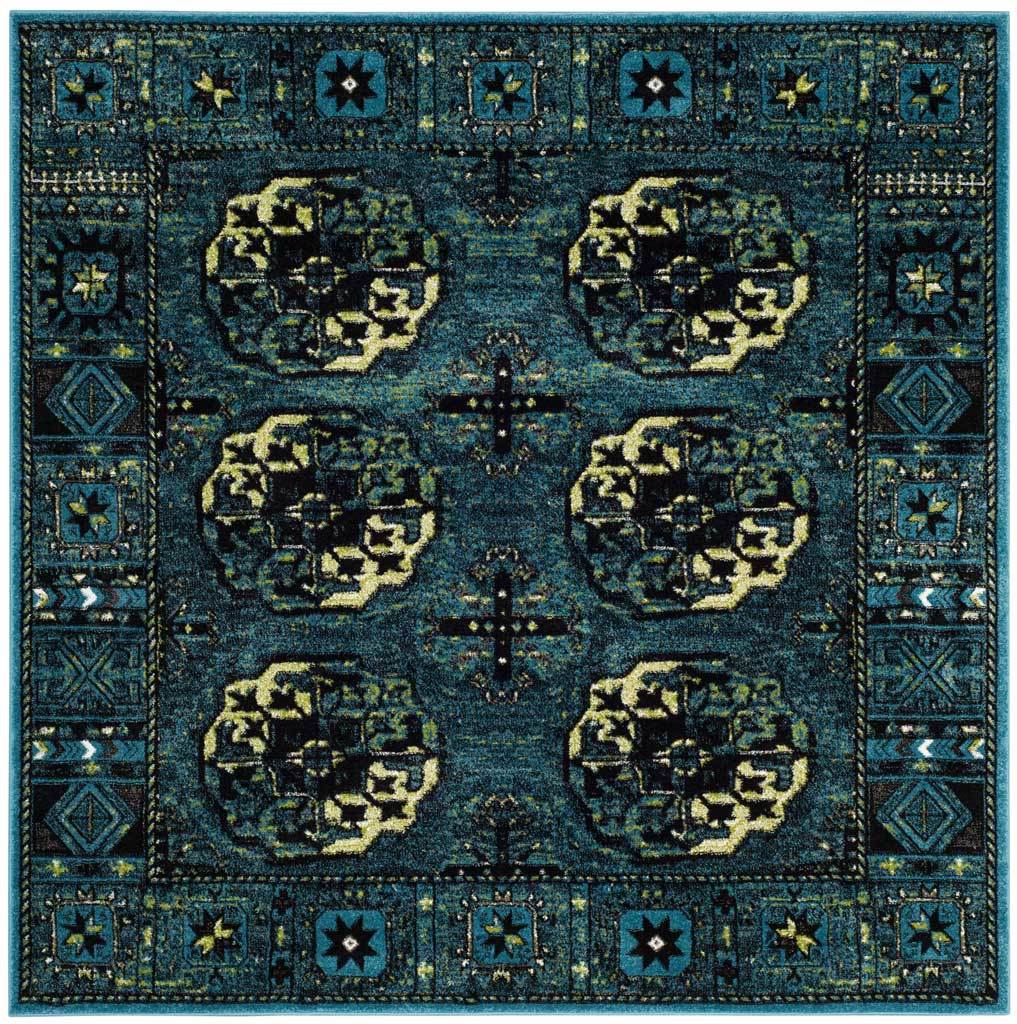 Square blue rug brings six cream medallions together within a patterned turquoise border