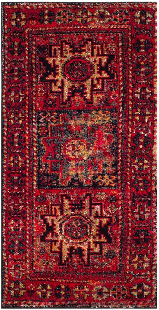 Narrow crimson rug features a trio of ornate geometric medallions