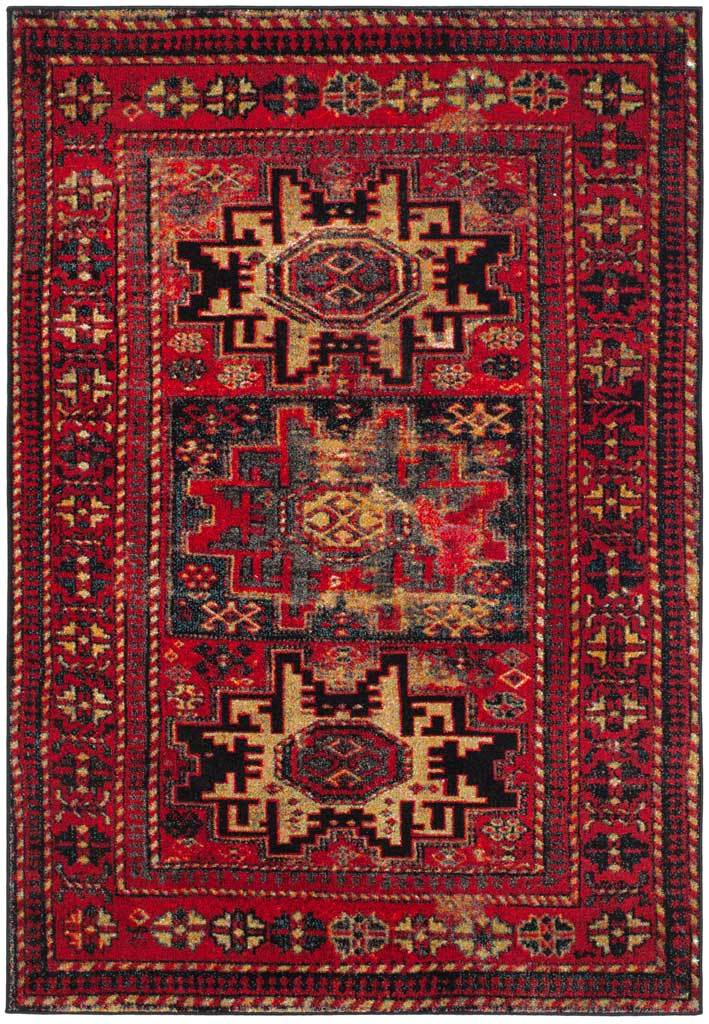Ruby red rug with three stepped medallions and traditional geometric edging