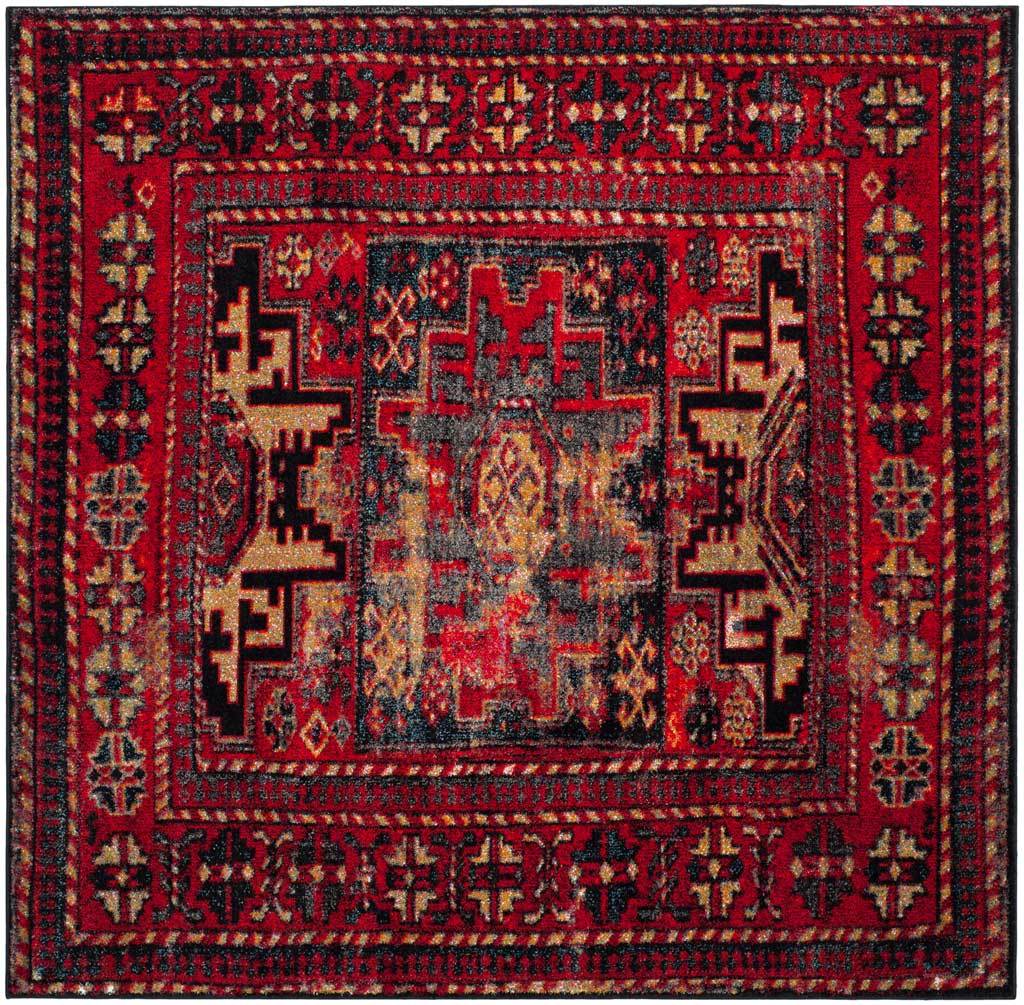 Square red rug with a central geometric medallion and layered ornamental borders