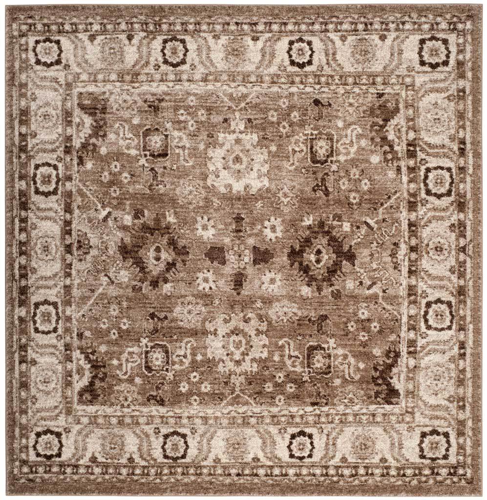 Square taupe rug has a cream floral centerpiece and subtle framed pattern