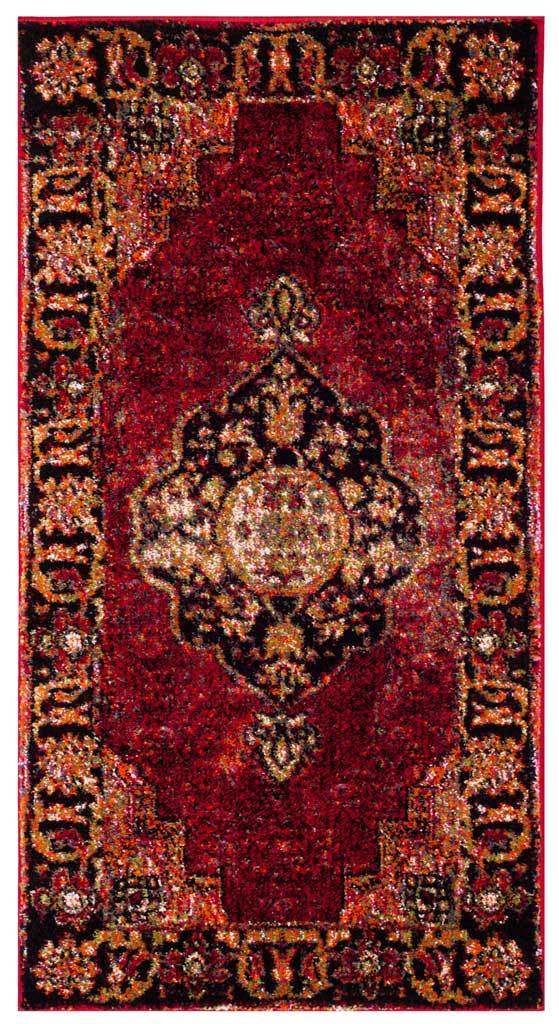 Compact red rug with a dark floral medallion and bold patterned edging