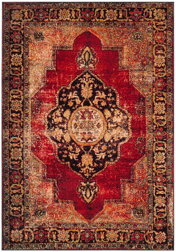 Red area rug with a layered ivory-centered medallion and richly detailed border