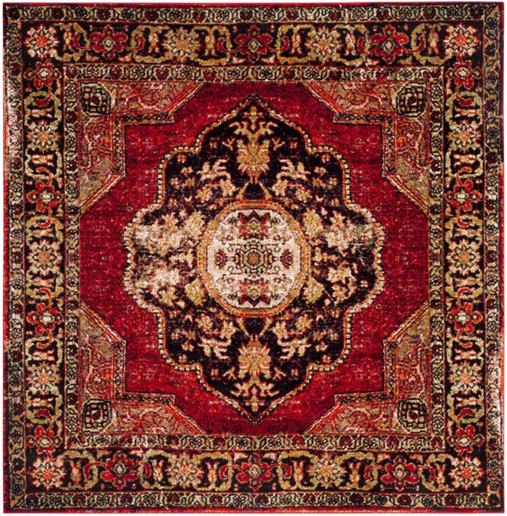 Square red rug pairs a dramatic central medallion with an ornate dark border