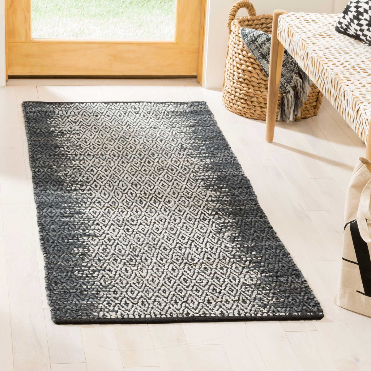 Gray woven runner highlights tiny cream diamonds framed by darker shaded sides