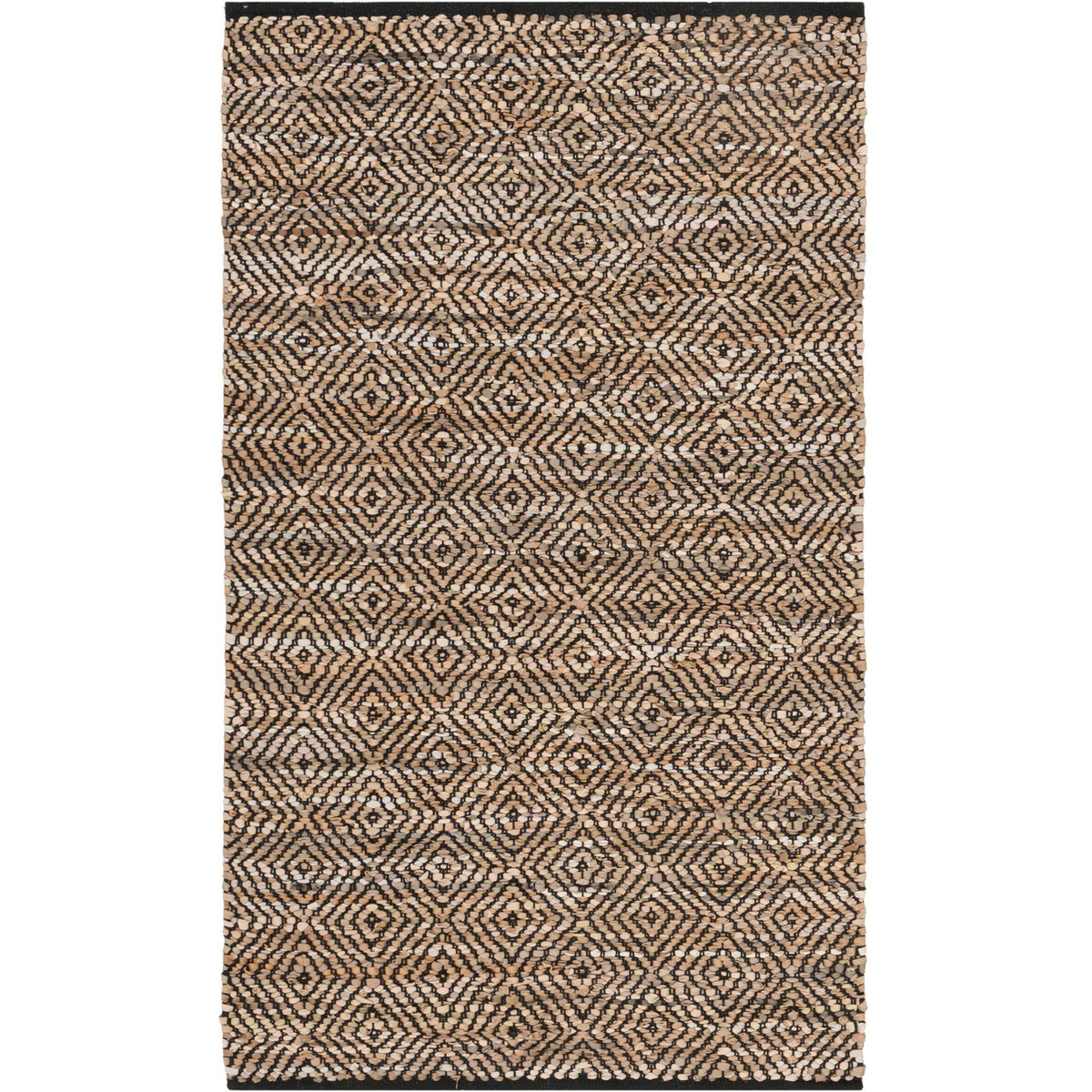 Narrow beige rug with tightly repeated black diamonds and dark end binding