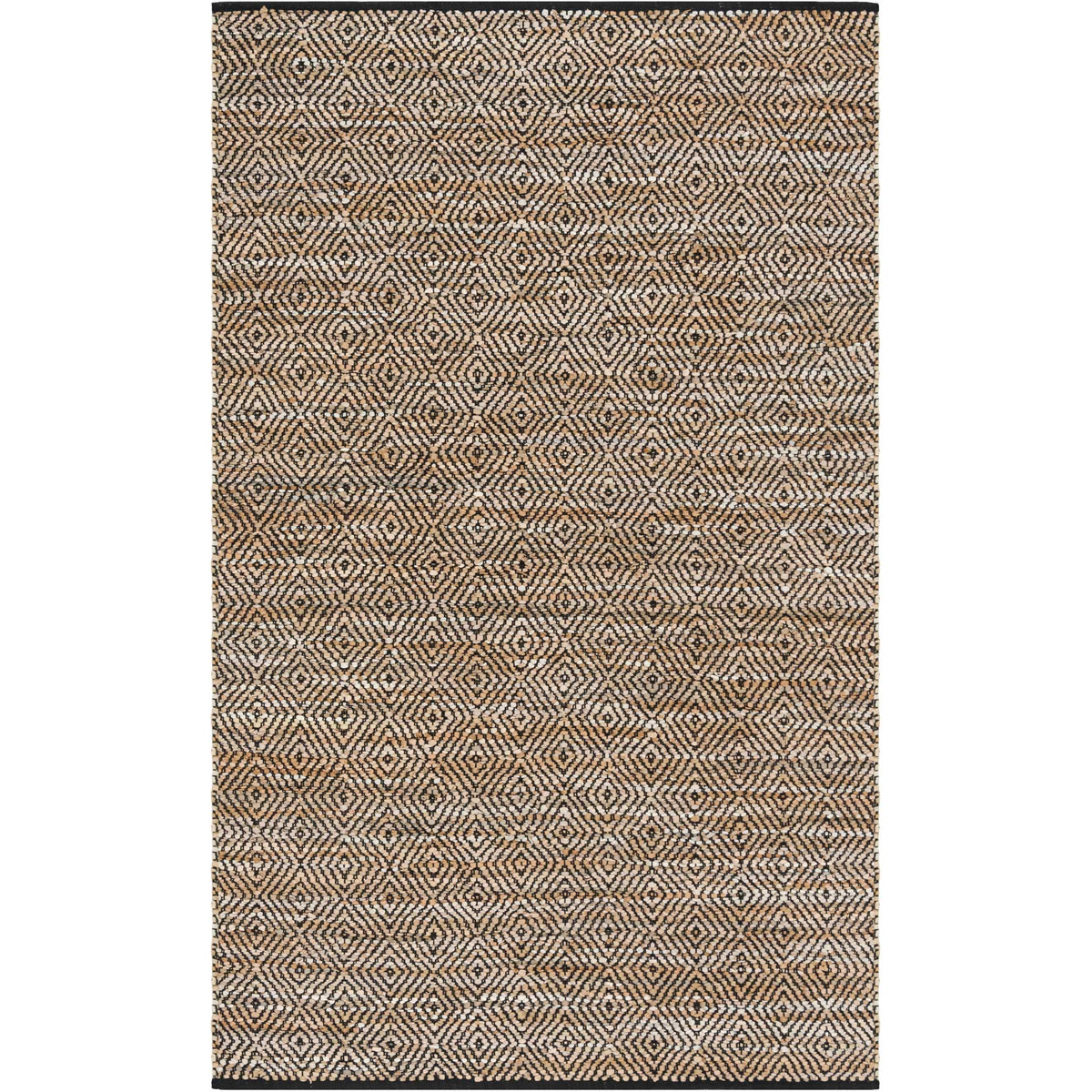 Handwoven leather and cotton rug with a repeating black diamond lattice