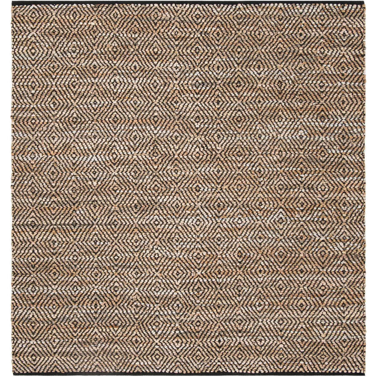 Square beige rug features dense black diamond motifs and dark bound edges