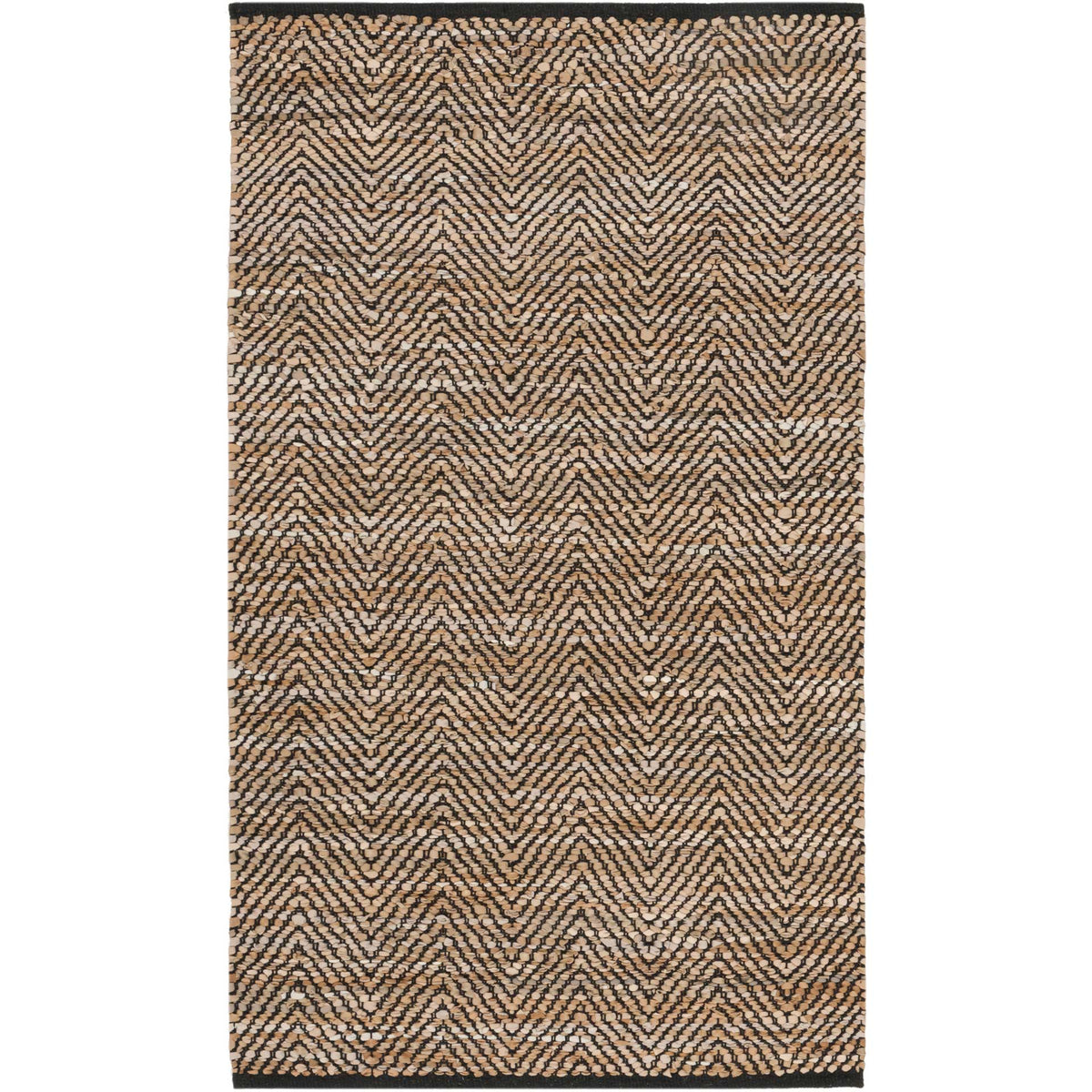 Narrow beige rug with tight black chevrons and a contrasting dark edge