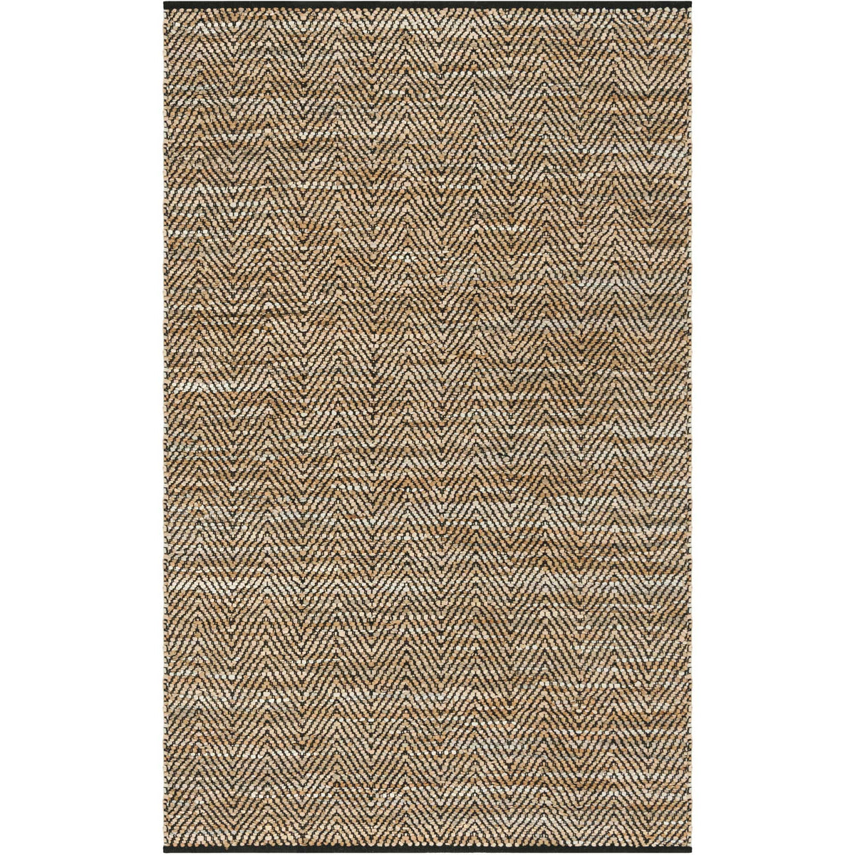 Handwoven beige rug uses closely spaced black herringbone lines for graphic texture