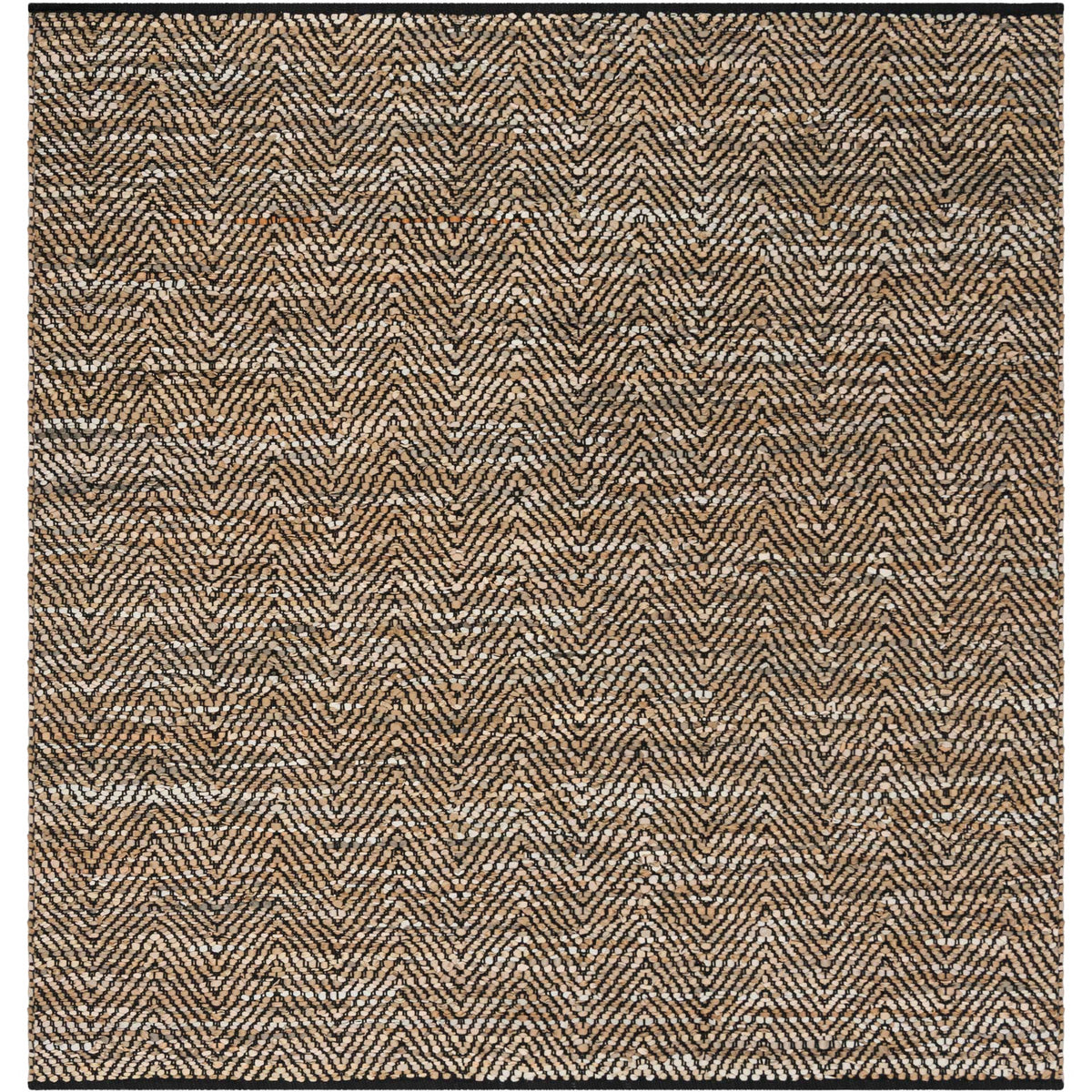 Square beige rug with rippling dark zigzags and black finished edges