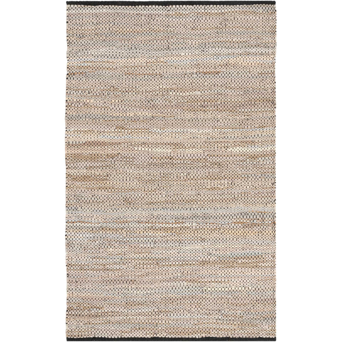 Compact beige rug with textured leather weaving and contrasting ends